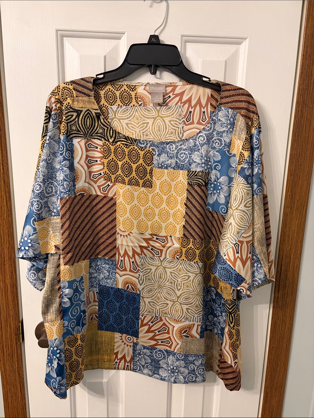 Chico's Patchwork Scoop Neck Tunic in Blue, Gold & Brown SZ 3